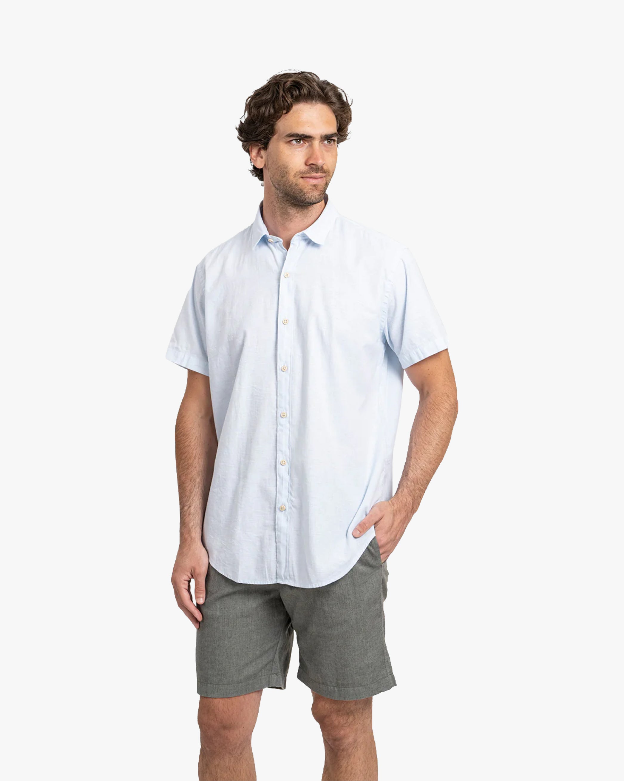 Camisa Lino Corta Celeste
