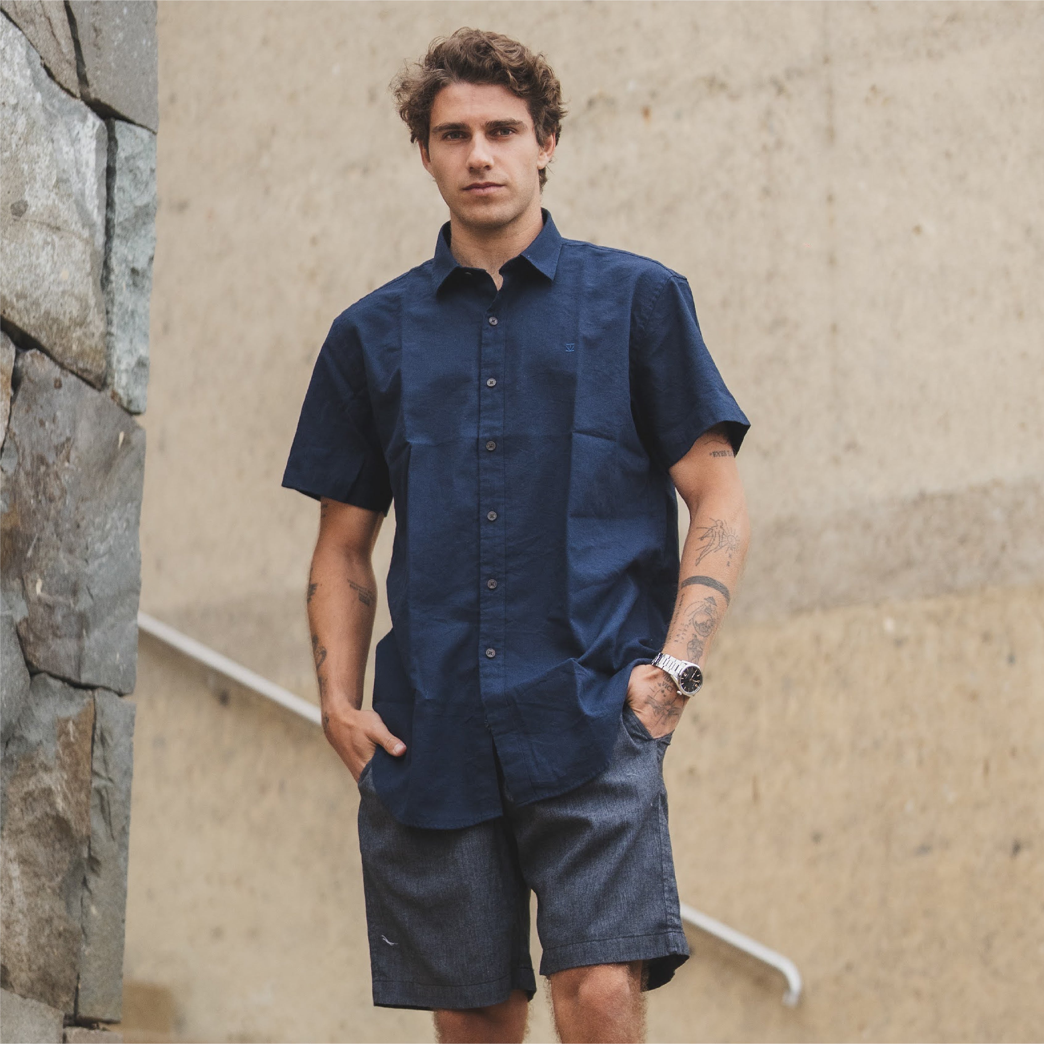 Camisa Lino Corta Navy