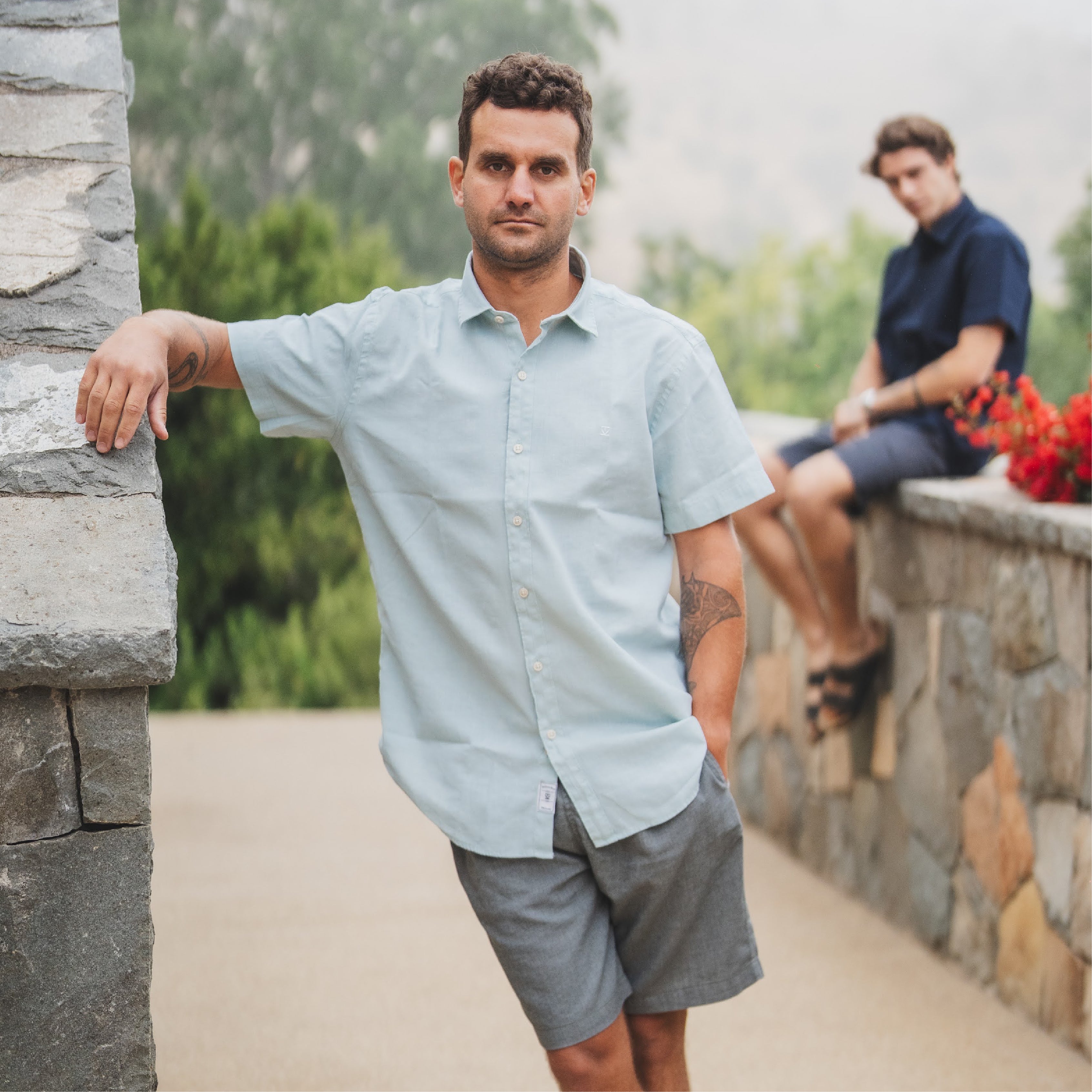 Camisa Lino Corta Celeste