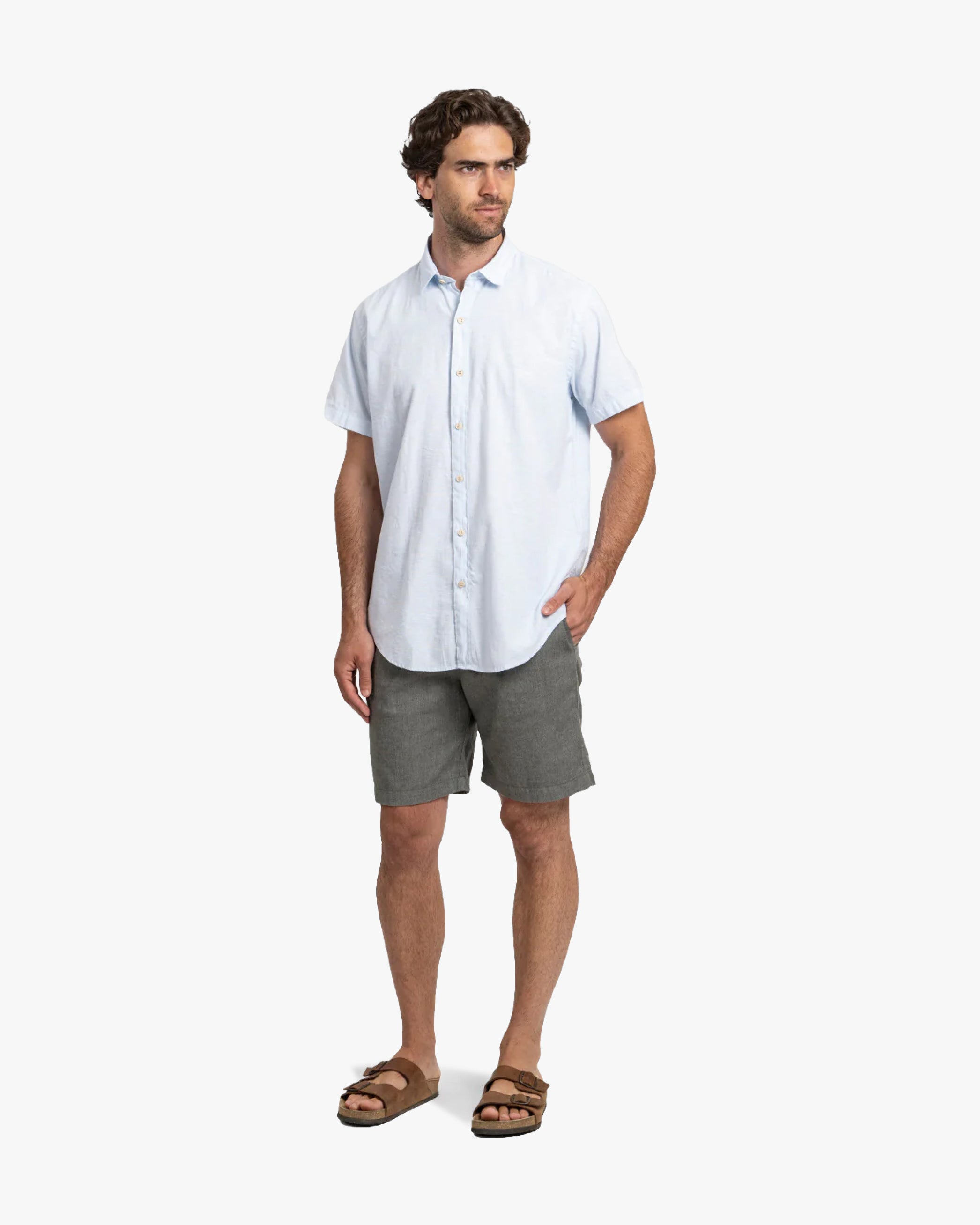 Camisa Lino Corta Celeste