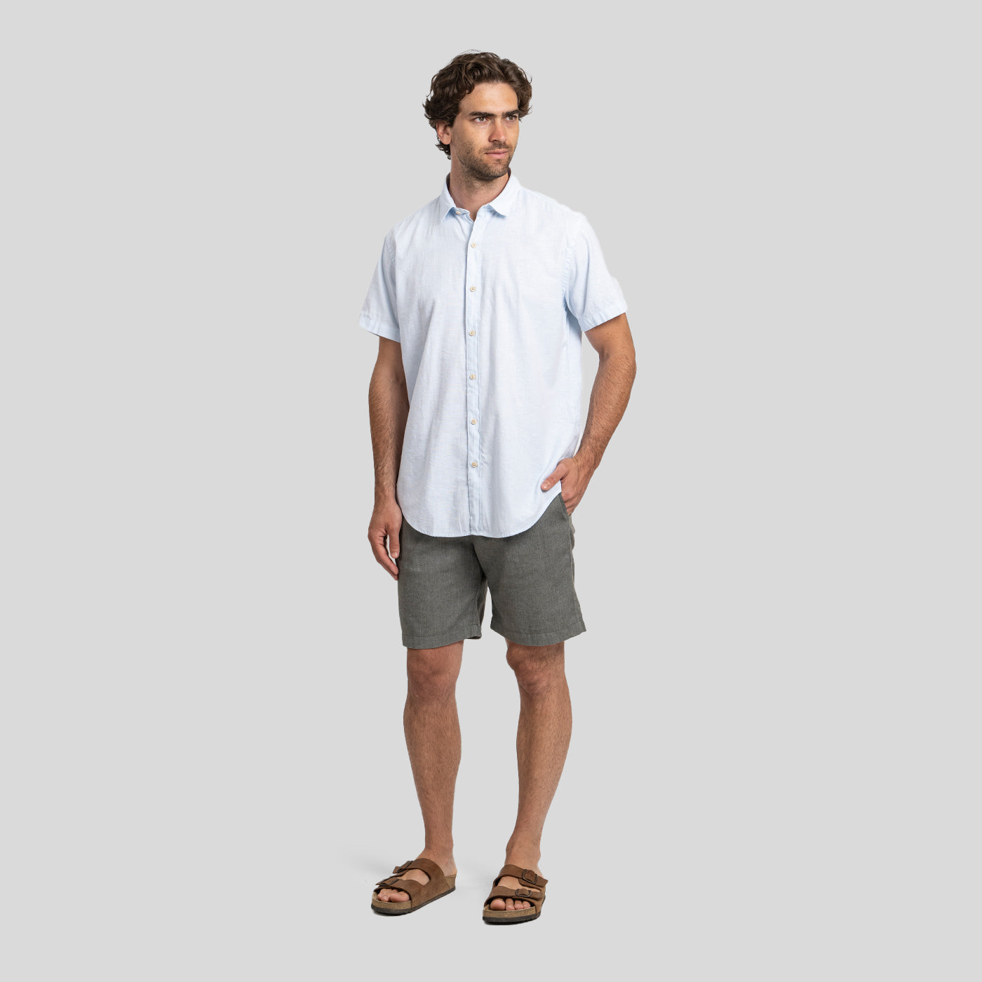 Camisa Lino Corta Celeste