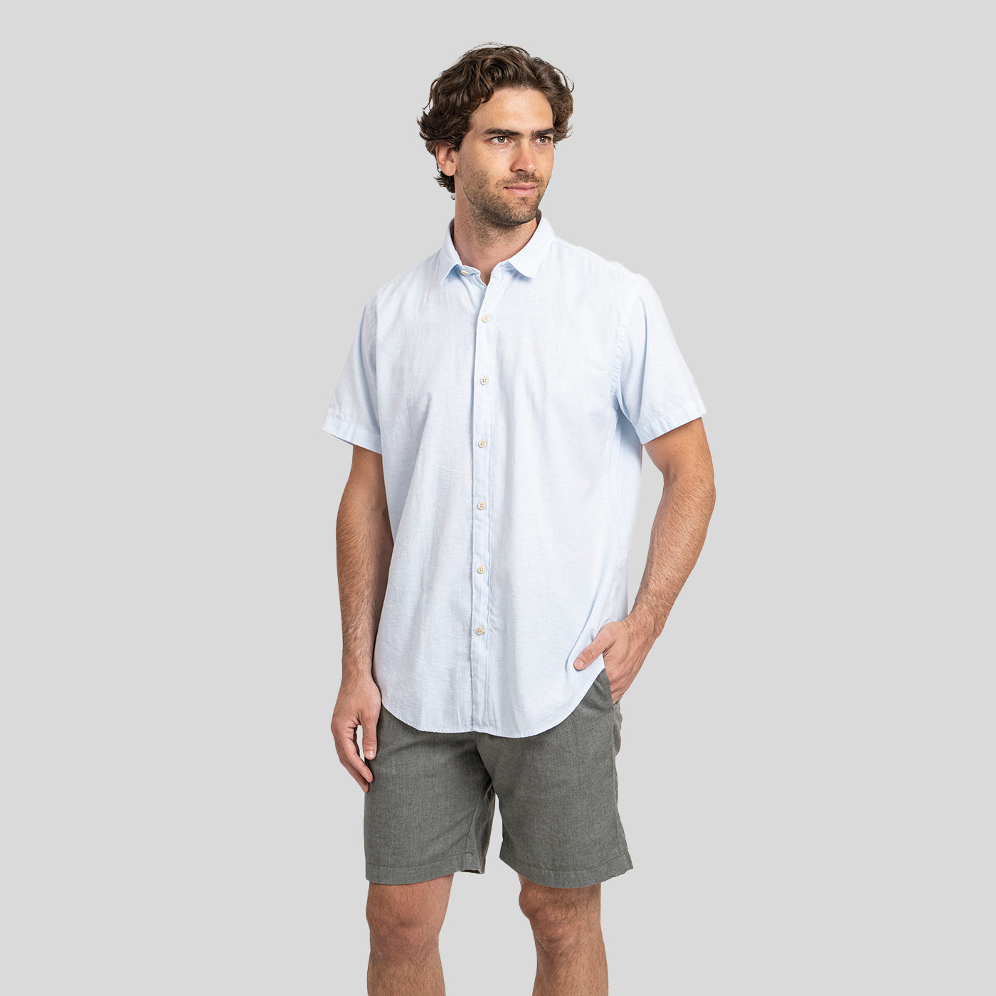 Camisa Lino Corta Celeste