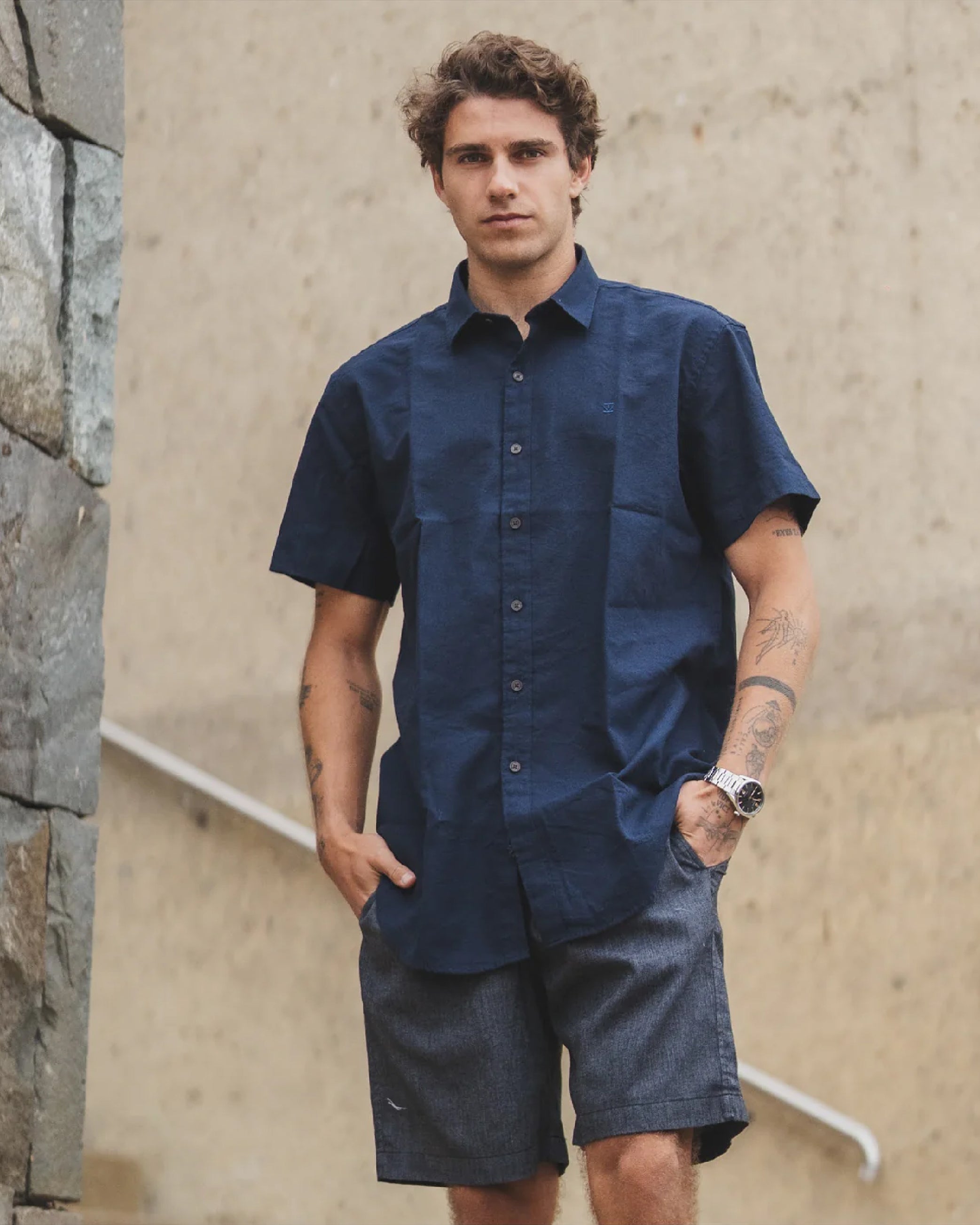 Camisa Lino Corta Navy