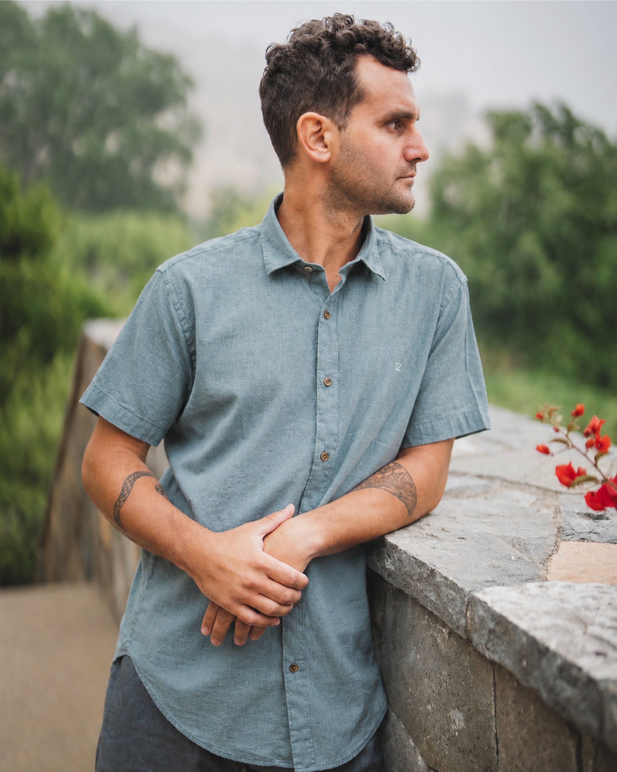 Camisa Lino Corta Petróleo