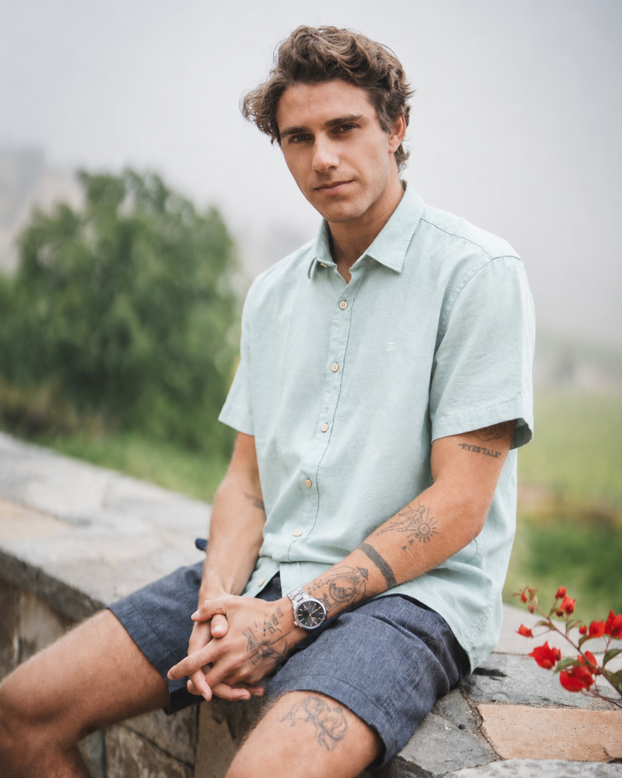 Camisa Lino Corta Aqua